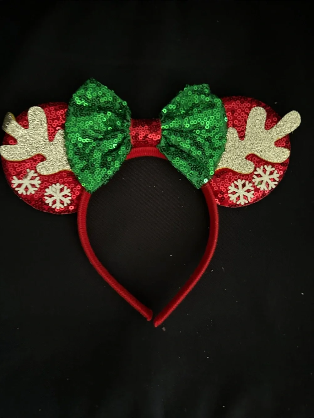 Holiday Reindeer Ear Headband with Green Sequin Bow - Kids Costume